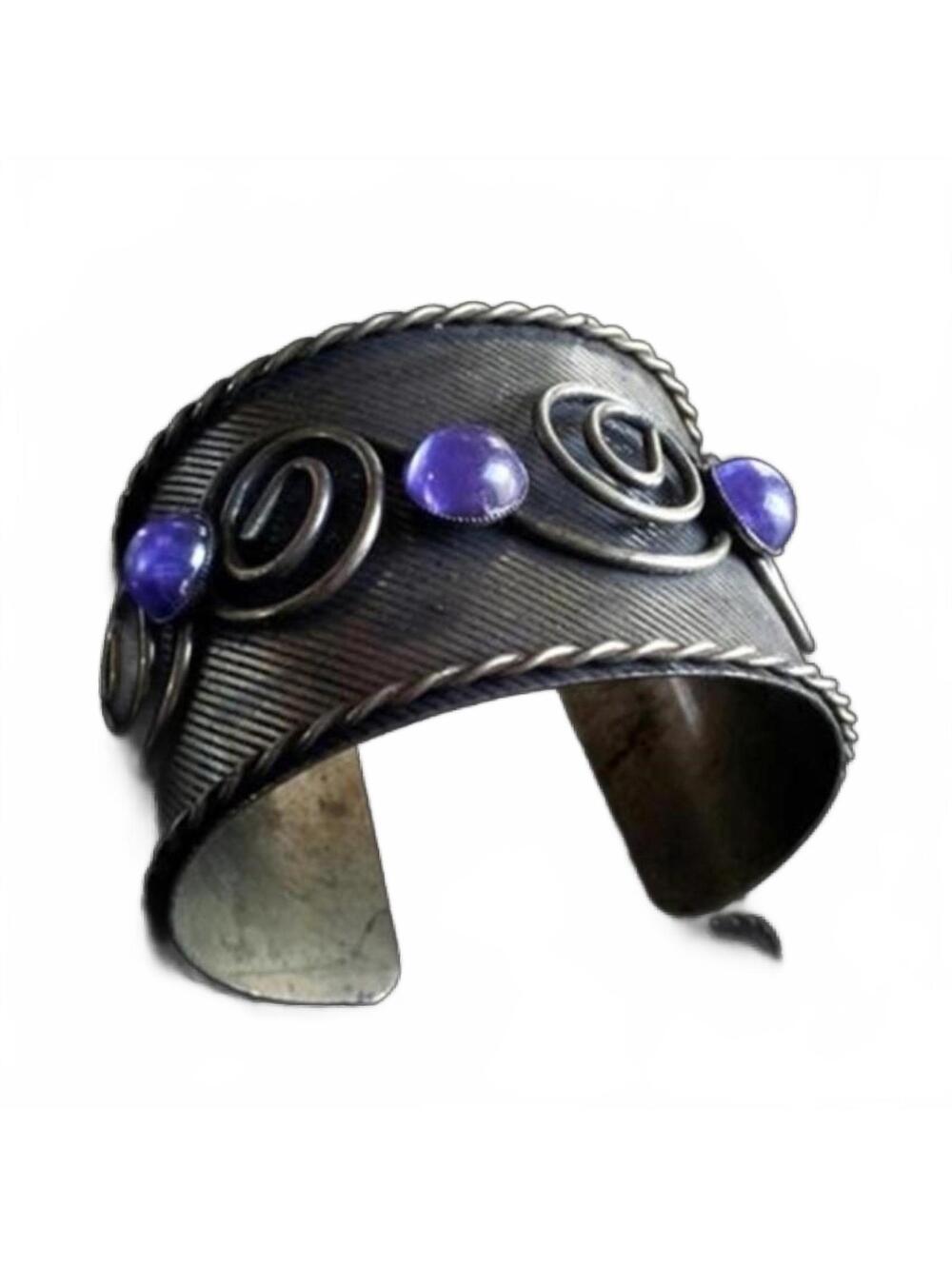 Handmade Antiqued Brass Purple Glass Swirls Diagonal Fine Lines Cuff Bracelet